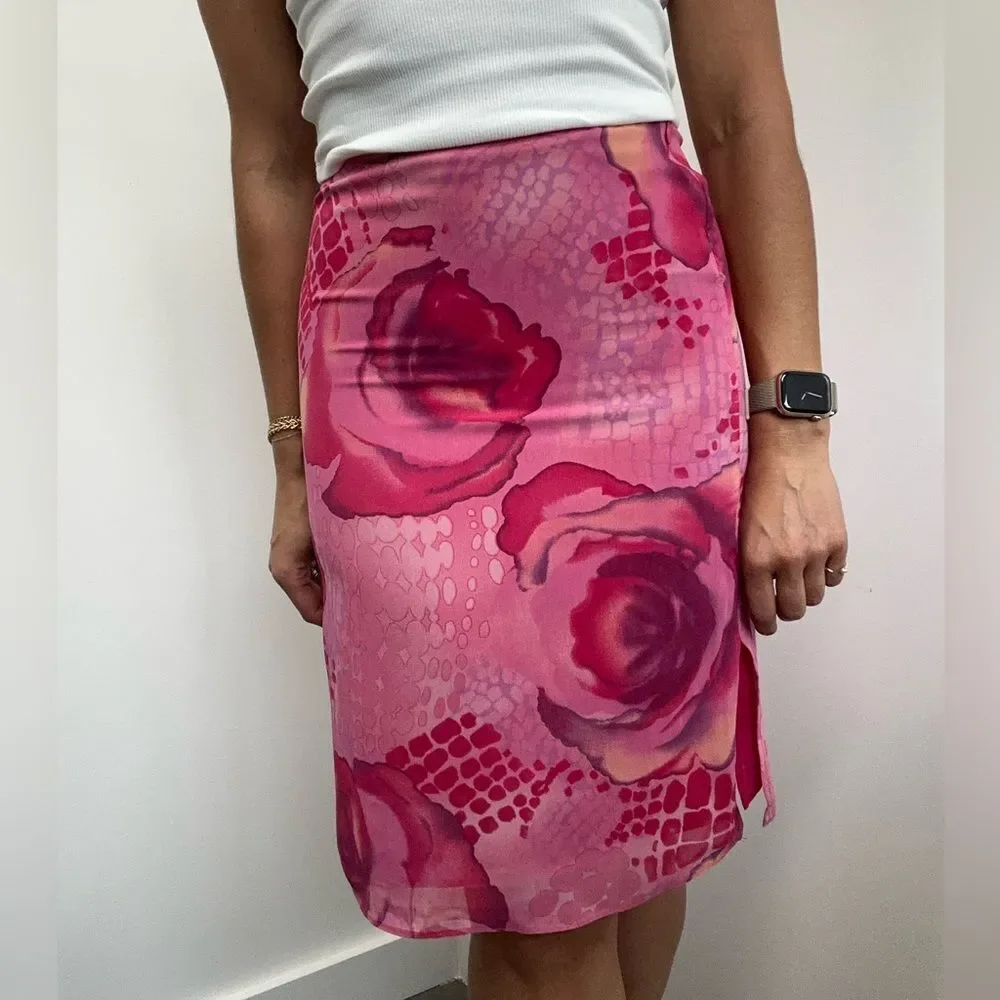 Vintage Y2K Guess Collection Pink Floral Rose Chiffon Pencil Mini Skirt Size 0